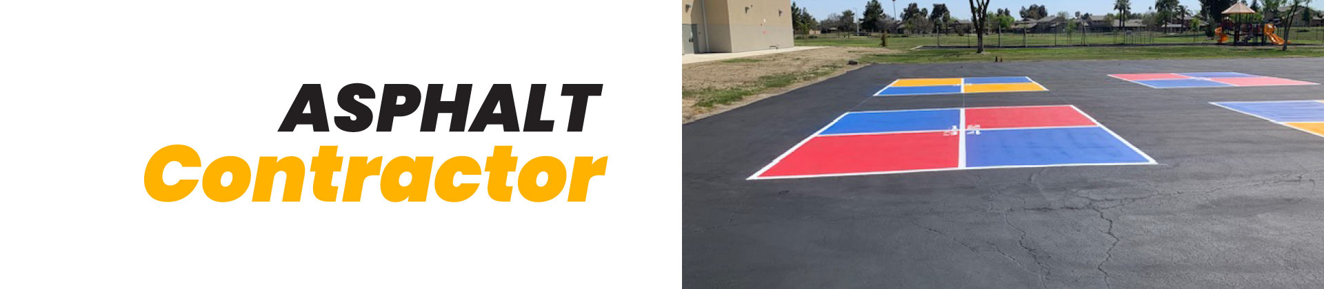 Close-up of blue ADA handicap parking stencil on asphalt next to professional parking lot striping services text banner.