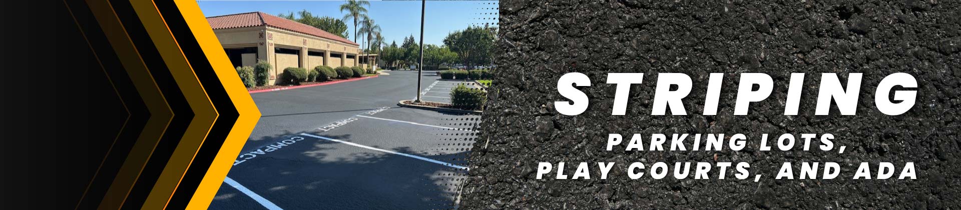 Close-up of blue ADA handicap parking stencil on asphalt next to professional parking lot striping services text banner.